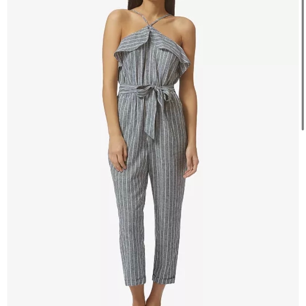 🌺 Avec Les Filles; Gray/White Railroad-Striped Linen Jumpsuit in Misses Sz. S! - Picture 1 of 13